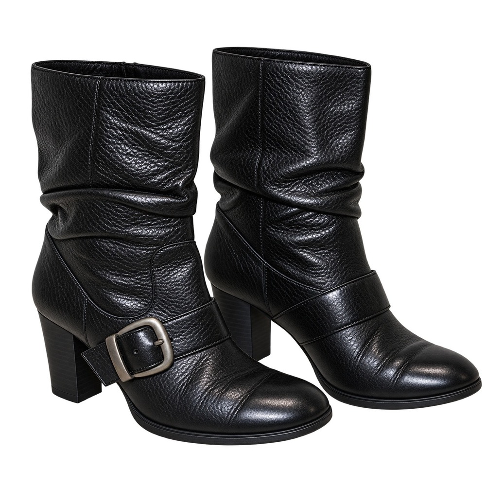 b.o.c. Born Concept Slouchy Buckle Leather Mid-Calf Boots Women 8.5 Black